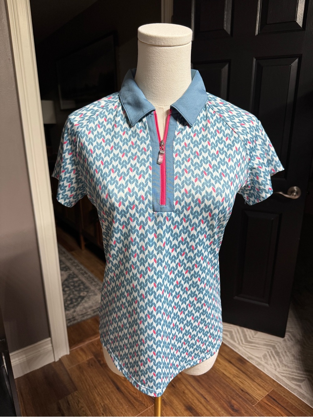 {Bette & Court} Blue Pink Quarter Zip Short Sleeve Golf Polo T-Shirt WAT53